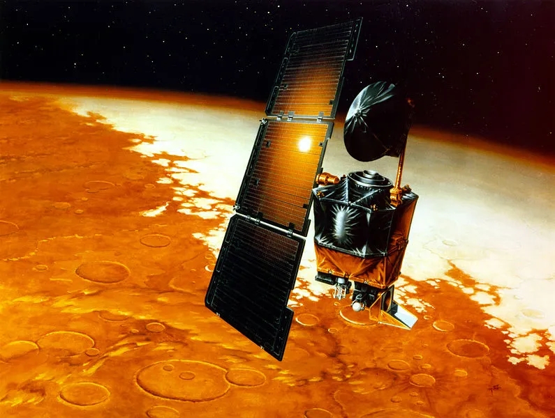 An artists impression of the Mars Climate Orbiter in space above the planet Mars