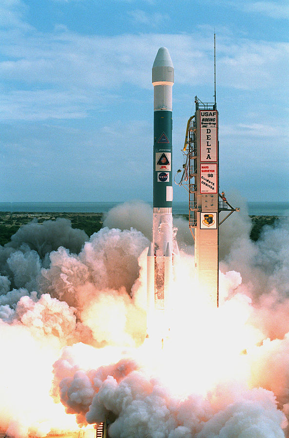 A photo of the launch of the NASA Mars Climate Orbiter in December 1998 on a rocket shortly after take off