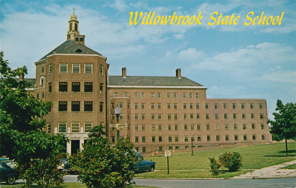 A postcard showing the main building of the Willowbrook State School. The date is unknown.