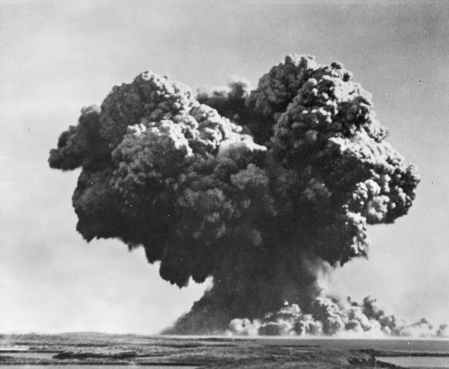 A black and white image of the UK first nuclear explosion Operation Hurricane.