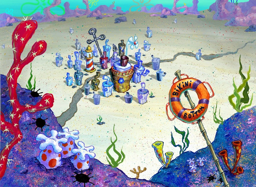 A screen capture of the town Bikini Bottom from the cartoon Spongebob Squarepants.